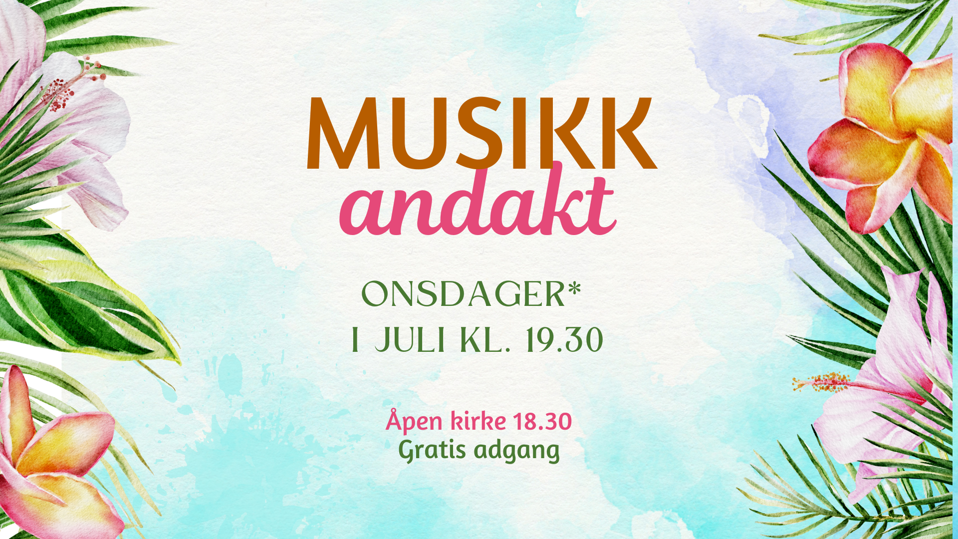 Bildet viser plakaten til  Musikk andaktene som skal være i Tjensvoll kirke i sommer. Bildet har et sommerlig preg med fargerike blomster og blå himmel. 